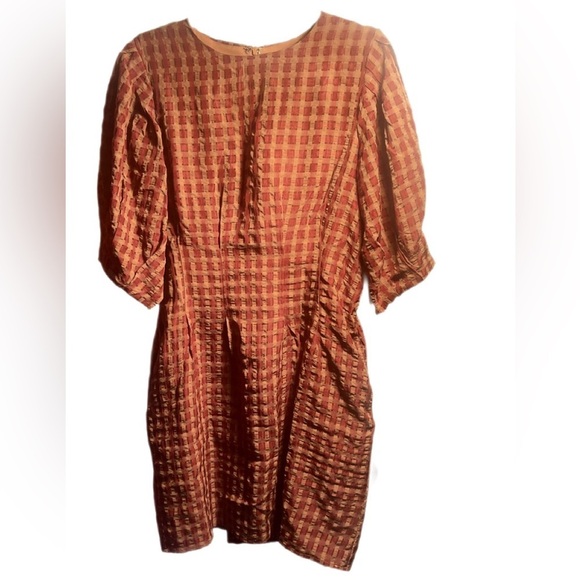 En Saison puff sleeve check polyester check brown trendy style mini dress - Picture 2 of 5